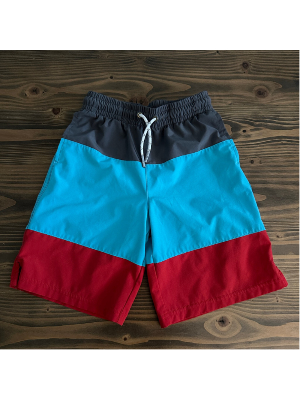 All in Motion Swim Trunks Boys M 8/10 Blue Red Colorblock Lined Shorts